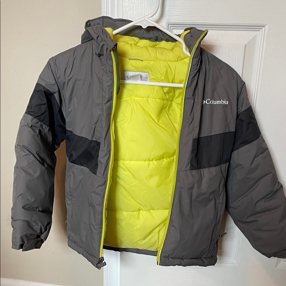 Columbia Kids' Gray Puffer Jacket with Neon Yellow Lining